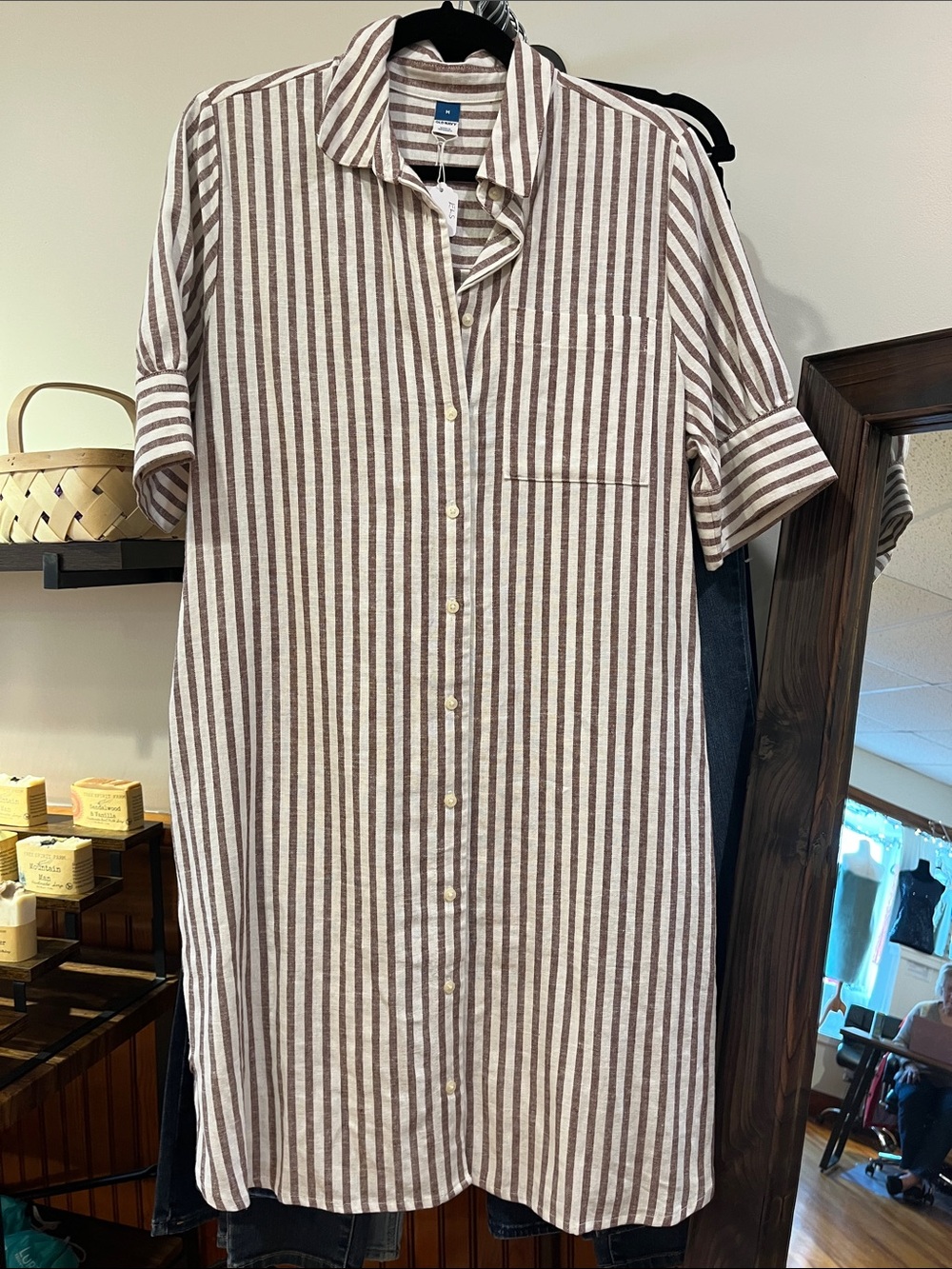 Old Navy Brown and White Striped Midi Shirt Dress